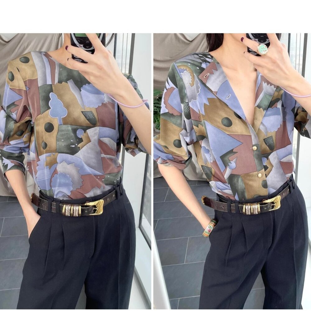 Vintage Reversible Abstract Blouse: 90s Japanese Print, Fits S-M